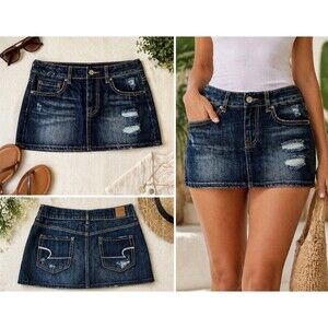 American Eagle Denim Mini Skirt Size 6 Dark Wash Distressed Y2K Festival